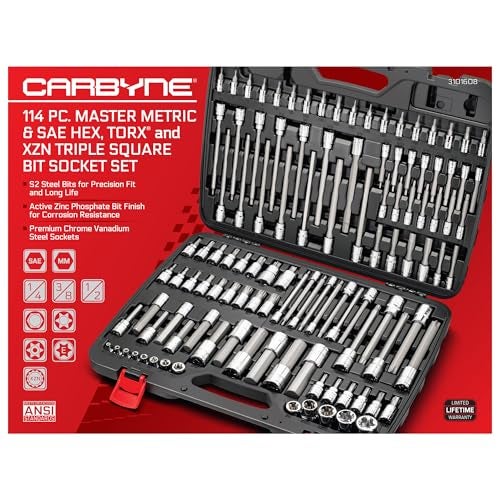 CARBYNE 114-Piece Master Metric & SAE Hex (Allen), Torx and XZN Triple Square Bit Socket Set | S2 Steel Bits, CrV Steel Sockets, Corrosion Resistance, Durable Case | 1/4", 3/8" & 1/2" Dr. - Image 2
