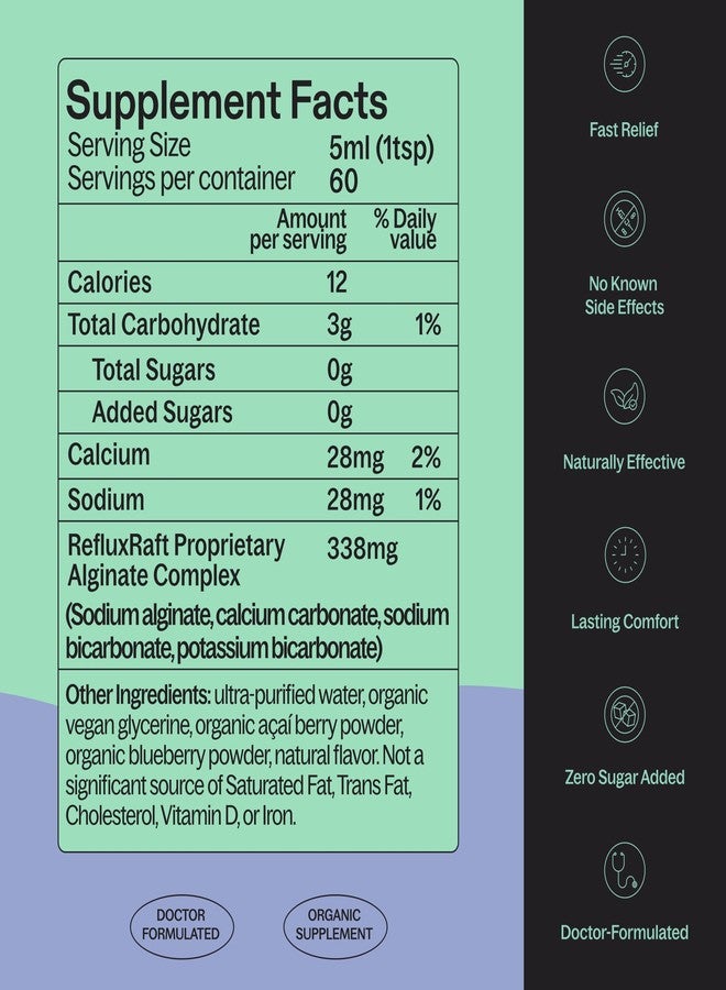 RefluxRaft Acid Reflux Therapy with Organic Alginate, Pregnancy Safe, Fast & Long-Lasting GERD & LPR Support, Zero Sugar, Gluten-Free, Low Sodium, Berry Burst, 60 Gel Servings, 10 OZ Bottle - Image 2