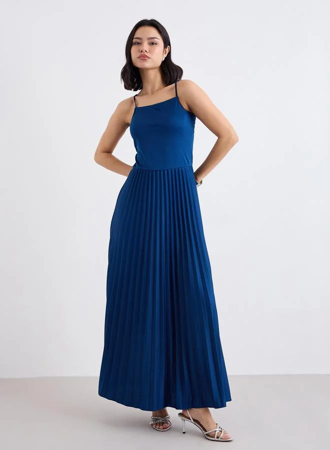 Styli Styli Blue Strappy Pleated Maxi Dress