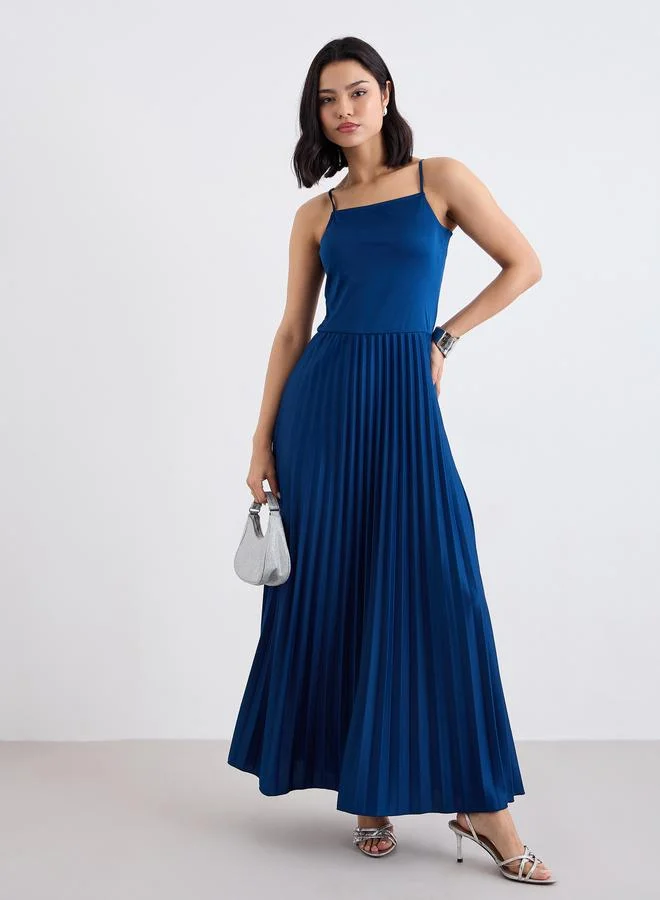 Styli Styli Blue Strappy Pleated Maxi Dress