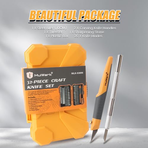 MulWark 32-Piece Precision Hobby Knife Set - Exacto Knife Set For Modeling - Craft Knife Handle Customized With Chiseling, Stencil Edge And Fine Point Blades With Sharpening Stone And Steel Ruler - Image 5