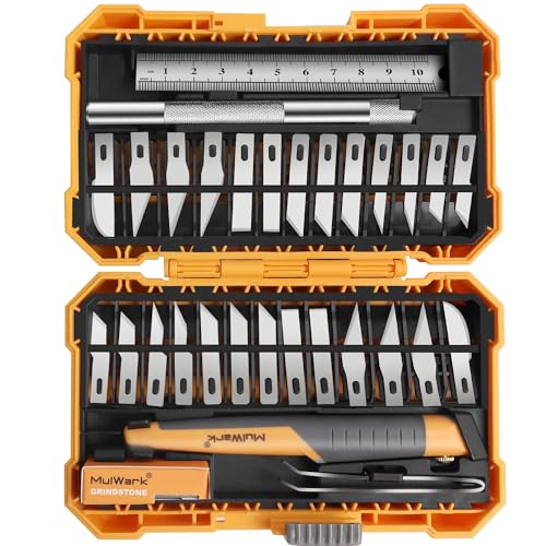 MulWark 32-Piece Precision Hobby Knife Set - Exacto Knife Set For Modeling - Craft Knife Handle Customized With Chiseling, Stencil Edge And Fine Point Blades With Sharpening Stone And Steel Ruler - Image 1