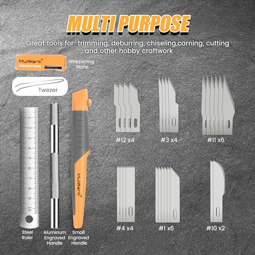 MulWark 32-Piece Precision Hobby Knife Set - Exacto Knife Set For Modeling - Craft Knife Handle Customized With Chiseling, Stencil Edge And Fine Point Blades With Sharpening Stone And Steel Ruler - Image 3