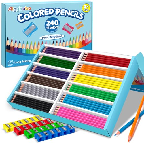 Aigybobo 240 Count Colored Pencils Bulk for Classrrom, Color Pencils for Kids in 12 Vibrant Colors, Pre-sharpened Coloring Pencils Set Plus 24 Sharpeners, Bulk Pack Colored Pencils for Back to School Supplies - Image 1
