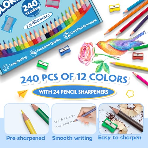 Aigybobo 240 Count Colored Pencils Bulk for Classrrom, Color Pencils for Kids in 12 Vibrant Colors, Pre-sharpened Coloring Pencils Set Plus 24 Sharpeners, Bulk Pack Colored Pencils for Back to School Supplies - Image 3