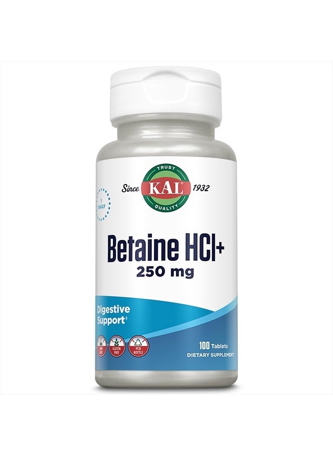 KAL Betaine HCL with Pepsin, Digestive Health Supplement with 250mg Betaine Hydrochloride Plus 130mg Pepsin, Gluten Free, Non-GMO, 60-Day Guarantee, Rapid Disintegration Tablets, 100 Servings, 100ct - Image 1