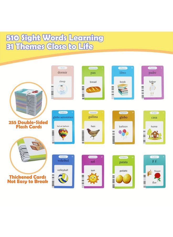 Blue Bilingual Spanish English Talking Flash Cards 510 Words Sensory Auditory Learning Toys For Kids Pocket Vocabulary Education Game Christmas Birthday Gift - Image 2