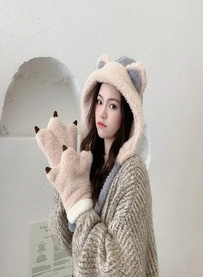 Richmen Women Winter Hat Scarf with Gloves Set for Girls Cute Fur Woolen Warm Hooded Bear Design Beanie Cap (Blue) - Image 2