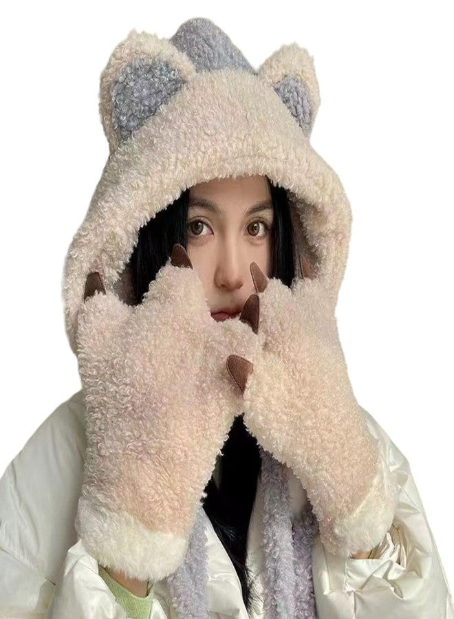 Richmen Women Winter Hat Scarf with Gloves Set for Girls Cute Fur Woolen Warm Hooded Bear Design Beanie Cap (Blue) - Image 1