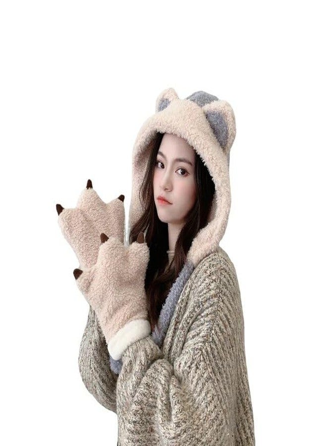 Richmen Women Winter Hat Scarf with Gloves Set for Girls Cute Fur Woolen Warm Hooded Bear Design Beanie Cap (Blue) - Image 3
