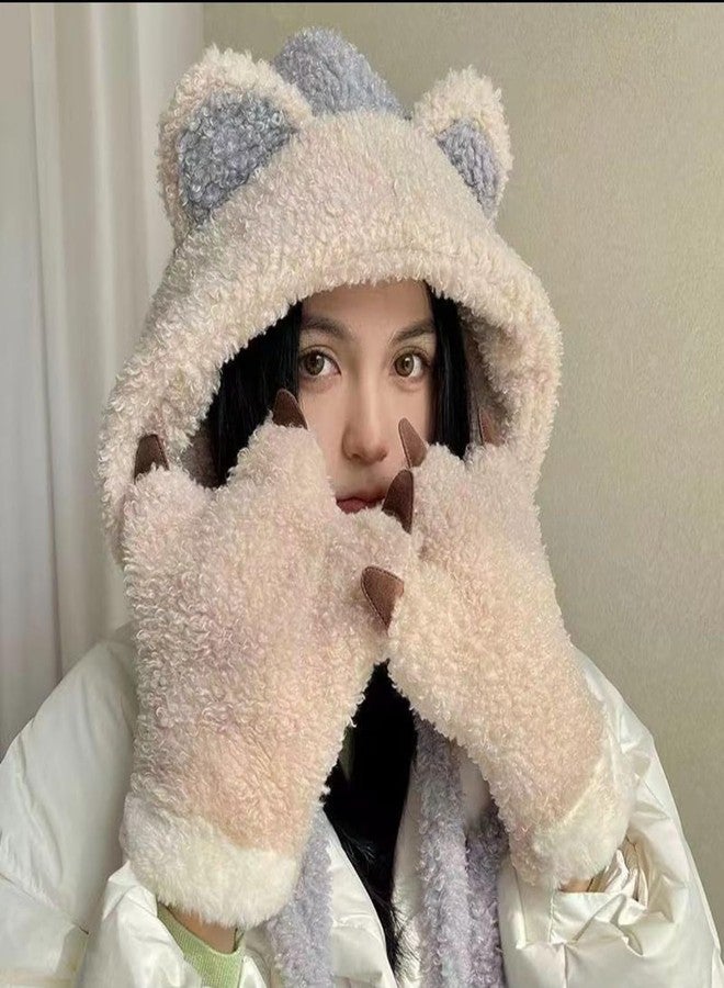 Richmen Women Winter Hat Scarf with Gloves Set for Girls Cute Fur Woolen Warm Hooded Bear Design Beanie Cap (Blue) - Image 4