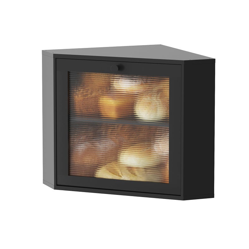 kiplant Black Corner Bread Box for Kitchen Countertop - Bamboo Wood, Wavy Acrylic Door, Adjustable 2-Layer Bread Storage Container, Large Bread Holder - Image 1