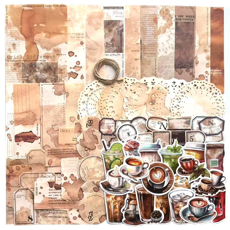 MAXLEAF 115 Pieces Coffee Drink Scrapbook Supplies Pack, Vintage Decorative Craft Paper Aesthetic Vinyl Stickers Ephemera for Bullet Junk Journal Planner Album Decoupage Collage - Image 1