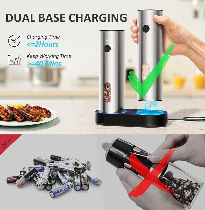 Telfun Salt and Pepper Grinder Set Electric,Rechargeable Salt and Pepper Shakers Stainless Steel with USB C Dual Charging Base,Upgraded Large Capacity,Adjustable Coarseness,LED Light,Ideal for Mom - Image 3