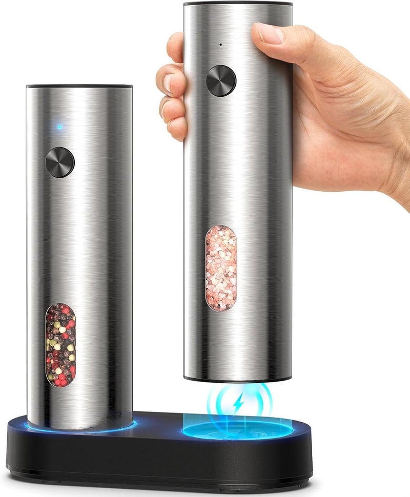 Telfun Salt and Pepper Grinder Set Electric,Rechargeable Salt and Pepper Shakers Stainless Steel with USB C Dual Charging Base,Upgraded Large Capacity,Adjustable Coarseness,LED Light,Ideal for Mom - Image 1