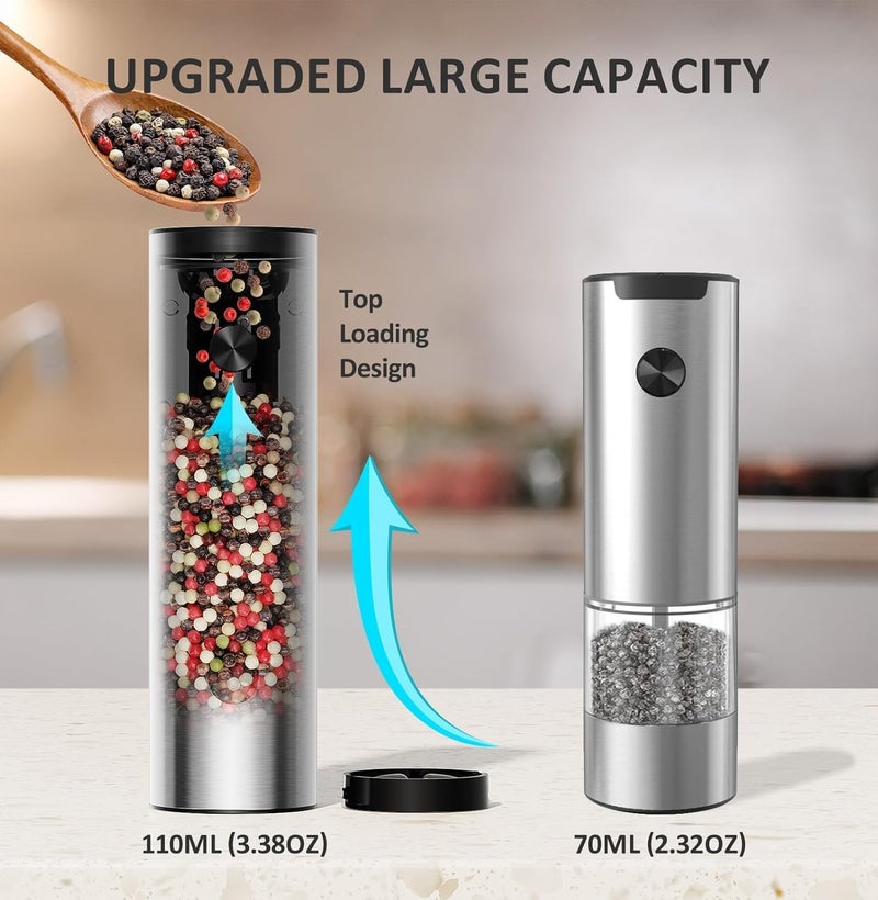 Telfun Salt and Pepper Grinder Set Electric,Rechargeable Salt and Pepper Shakers Stainless Steel with USB C Dual Charging Base,Upgraded Large Capacity,Adjustable Coarseness,LED Light,Ideal for Mom - Image 2