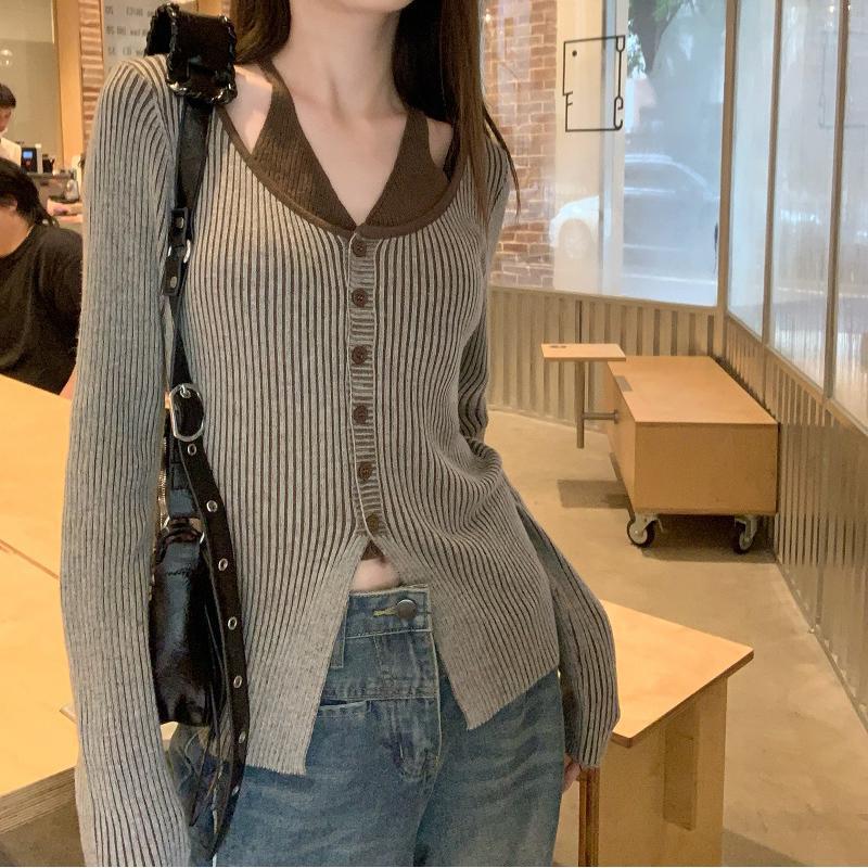Two-Piece Illusionhalter Neck Long Sleeve Knitted Top Womens Autumn 2024 New Style Side Slits Slimming Smooth Silhouette Long S Gray ah0565