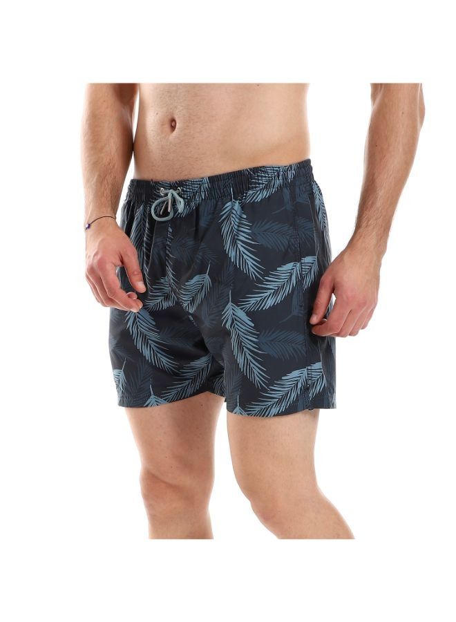 Pavone Leaf Patterned  Elastic Waist Swim Short-Navy blue - Image 1
