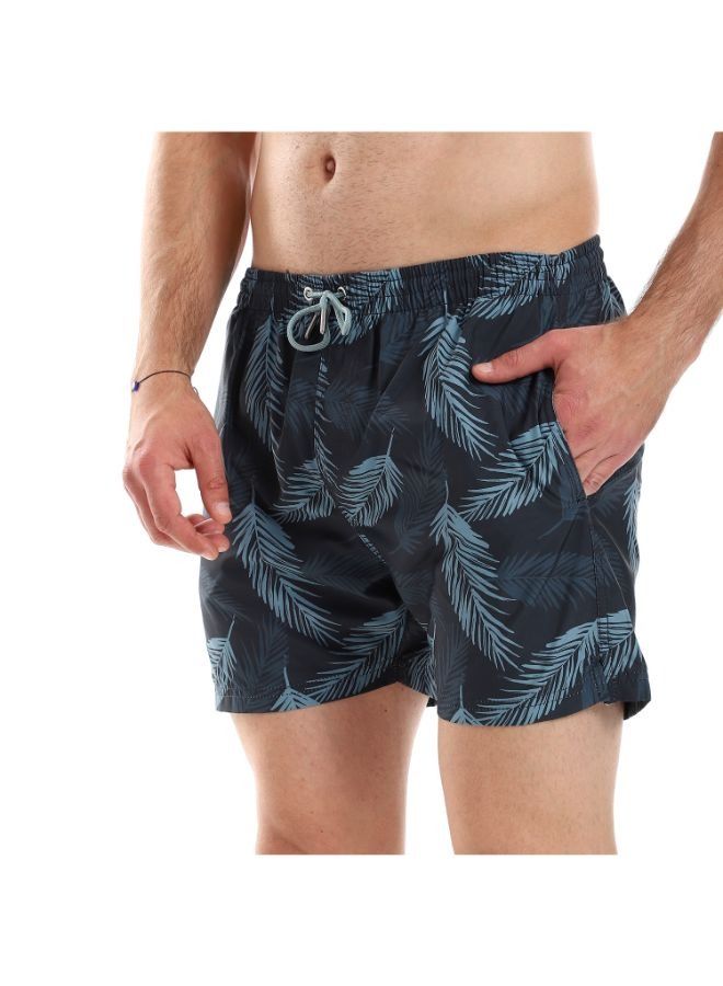 Pavone Leaf Patterned  Elastic Waist Swim Short-Navy blue - Image 4