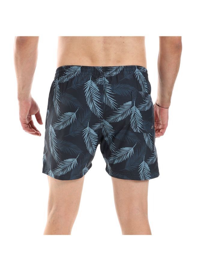 Pavone Leaf Patterned  Elastic Waist Swim Short-Navy blue - Image 3