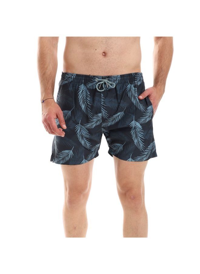 Pavone Leaf Patterned  Elastic Waist Swim Short-Navy blue - Image 2