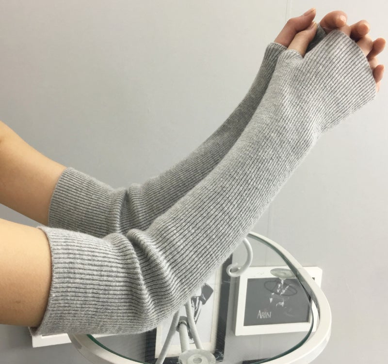 Cashmere Arm Warmers Fingerless Long Gloves for Women Autumn Winter Thick Warm Wool Sleeve Light gray 