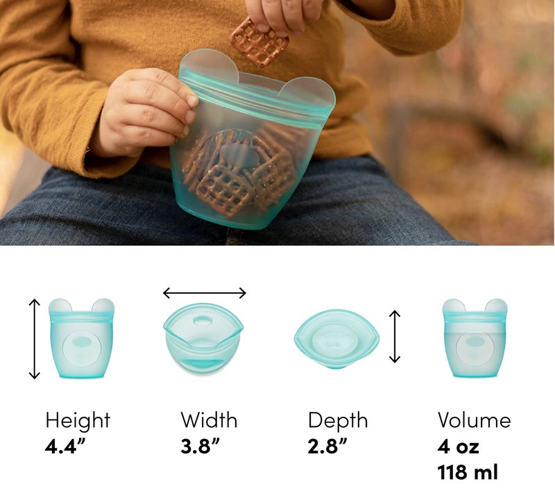 Zip Top Reusable 100% Silicone Baby + Kid Snack Containers - The only containers that stand up, stay open and zip shut! No Lids! Made in the USA - Teal Bear - Image 3