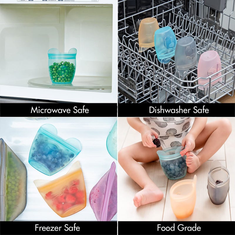 Zip Top Reusable 100% Silicone Baby + Kid Snack Containers - The only containers that stand up, stay open and zip shut! No Lids! Made in the USA - Teal Bear - Image 2