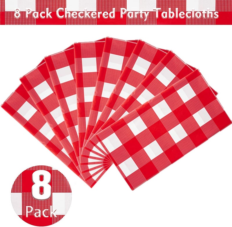 Kesfey 8 Packs Red and White Checkered Tablecloths 54 x 108 Inches Disposable Rectangle Red Gingham Table Cloth Waterproof Plastic Picnic Party Plaid Tablecovers for Picnic BBQ Family Outings - Image 2