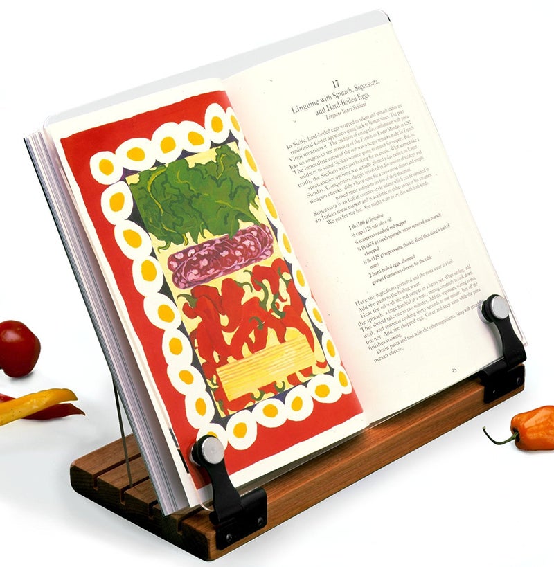 Deluxe Original Cookbook Holder  Acrylic Shield With Wooden Base and Black Hinges  Made in the USA