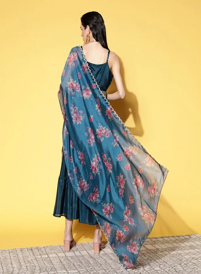 آي شين Women's Blue 100% Cotton Self Design A-Line Dress
