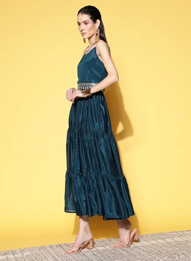 آي شين Women's Blue 100% Cotton Self Design A-Line Dress