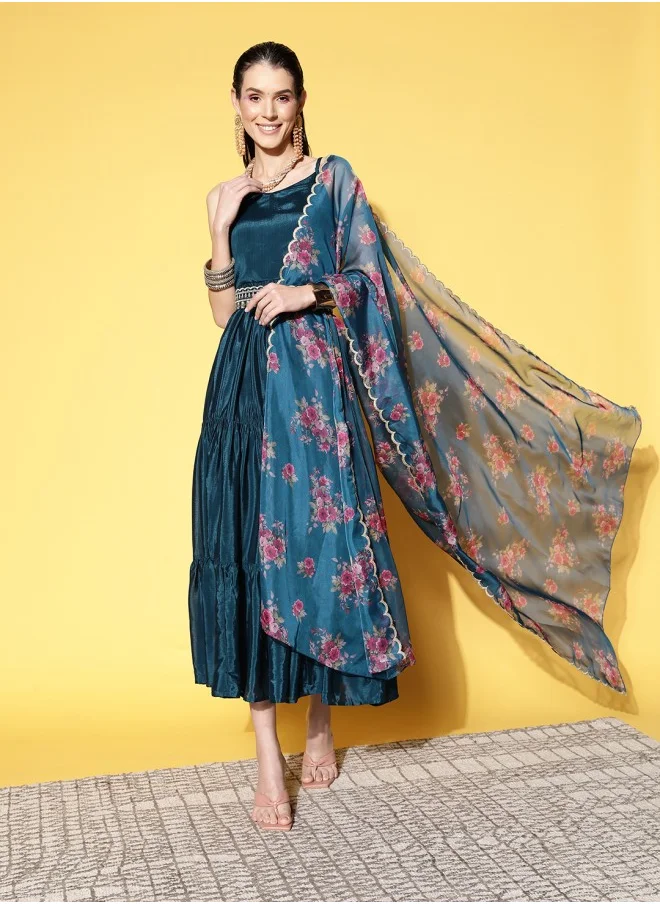 آي شين Aline Fit Self Design Pattern Round Neck 3/4 sleeve Blue Colour Woven Cotton Dresses for Women with Semi Elastic Closure - A Must-Have for Every Wardrobe