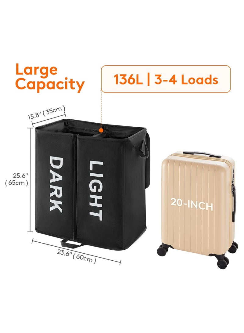 2-in-1 Laundry Sorter Hamper for the Entire Family, 136L Large Capacity with 2 Removable Bags - Collapsible Dual Section Basket for Home Organization - Image 2