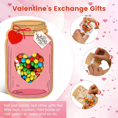 Giiffu 50 Pack Mason Jar Valentine Cards for Kids Classroom, 5 Color Designs DIY Valentines Day Cards with Treat Bags, Candy Valentines for School Exchange Party Favors (Candy Not Included) - Image 2