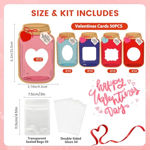 Giiffu 50 Pack Mason Jar Valentine Cards for Kids Classroom, 5 Color Designs DIY Valentines Day Cards with Treat Bags, Candy Valentines for School Exchange Party Favors (Candy Not Included) - Image 3