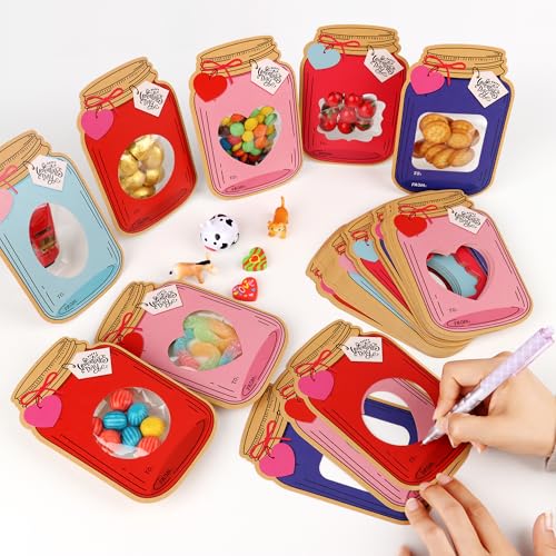 Giiffu 50 Pack Mason Jar Valentine Cards for Kids Classroom, 5 Color Designs DIY Valentines Day Cards with Treat Bags, Candy Valentines for School Exchange Party Favors (Candy Not Included) - Image 4