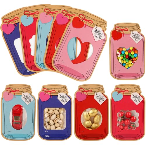 Giiffu 50 Pack Mason Jar Valentine Cards for Kids Classroom, 5 Color Designs DIY Valentines Day Cards with Treat Bags, Candy Valentines for School Exchange Party Favors (Candy Not Included) - Image 1
