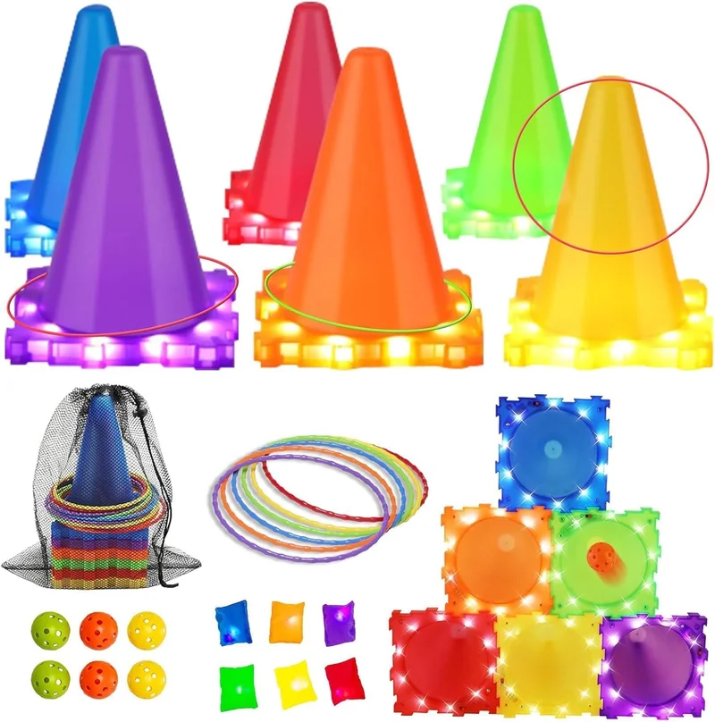 كويزيرا SNAPTRON® 3-in-1 LED Ring Toss Game Set – Ultimate Carnival-Style Tossing Game for Kids & Adults – Includes 6 Cones, 12 Rings, Bean Bags & Balls – Indoor/Outdoor Fun for Parties & Camping