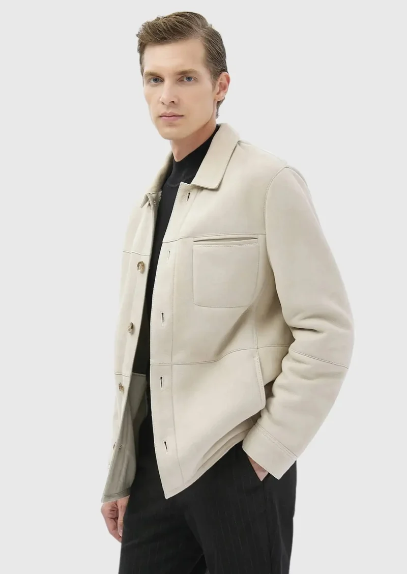 RAMSEY Beige Regular Fit Shirt Collar Casual Fur Leather Coat