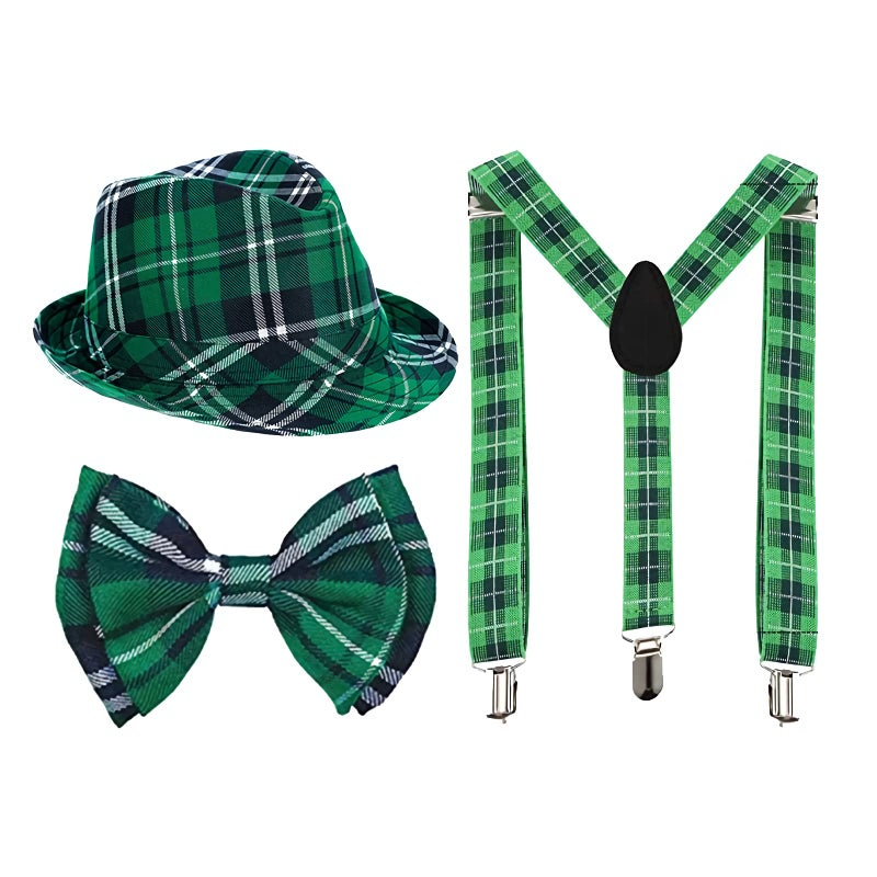 DimiGlobal St Patricks Day Hats Bow Tie and Suspenders Set for Women Men Adult Green Irish outfit Saint Pattys Day hat Green Bow Tie and Suspenders for Girls and boys St Patrick's Day Party Supplies - Image 1
