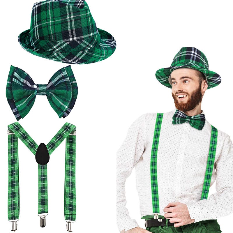 DimiGlobal St Patricks Day Hats Bow Tie and Suspenders Set for Women Men Adult Green Irish outfit Saint Pattys Day hat Green Bow Tie and Suspenders for Girls and boys St Patrick's Day Party Supplies - Image 5