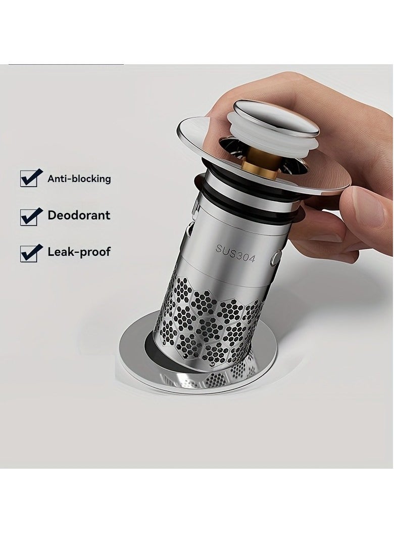 Generic 1pc Pop-up Bathroom Sink Drain Strainer, Hair Catcher, Drain Strainer for Bathroom Kitchen Basin Sink Stopper Replacement with Brass Pop-up Core and Removable Stainless Steel Filter  - Image 1