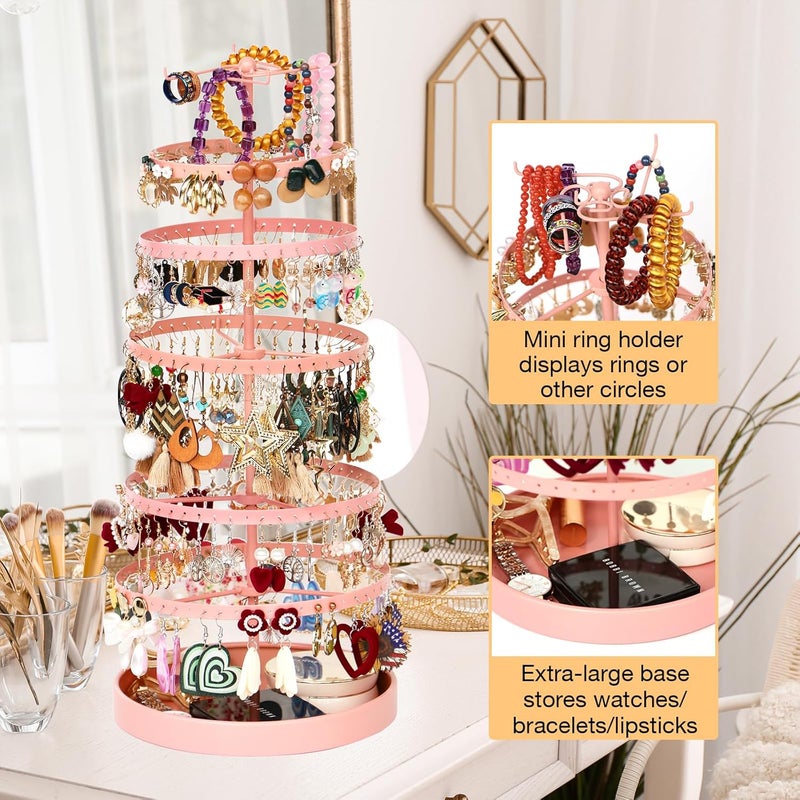 17Dec 6 Tier Rotating Jewelry Organizer Stand, 230 Holes Earring Holder Organizer for Women Girls, Spinning Earring Tree with Ring Holder, Wide Base for Bracelets Watches Lipstick - Image 4