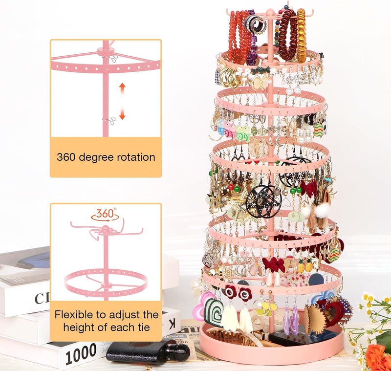 17Dec 6 Tier Rotating Jewelry Organizer Stand, 230 Holes Earring Holder Organizer for Women Girls, Spinning Earring Tree with Ring Holder, Wide Base for Bracelets Watches Lipstick - Image 2