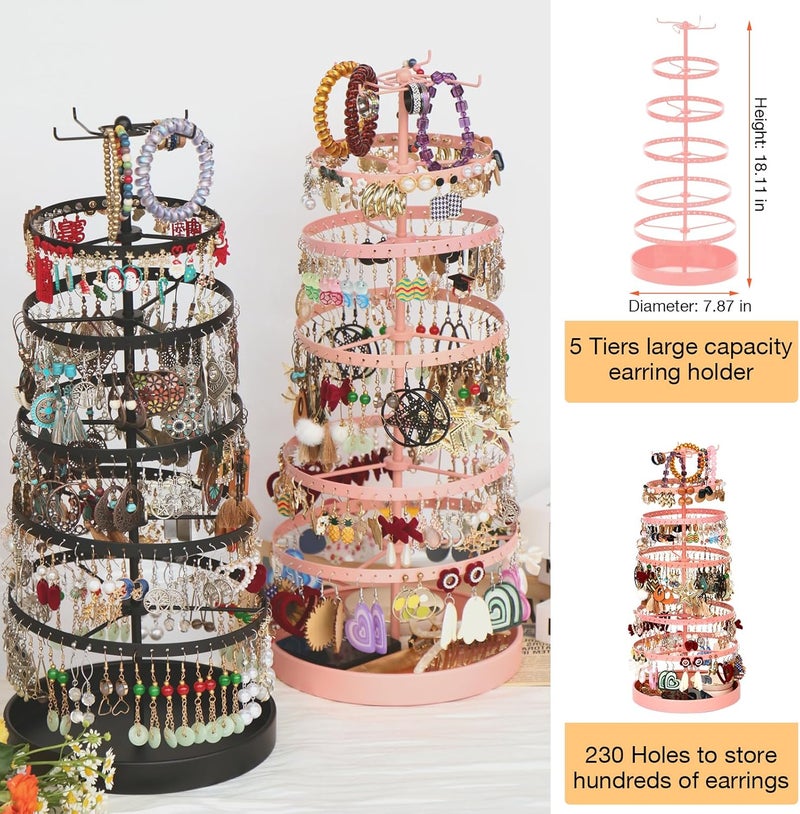 17Dec 6 Tier Rotating Jewelry Organizer Stand, 230 Holes Earring Holder Organizer for Women Girls, Spinning Earring Tree with Ring Holder, Wide Base for Bracelets Watches Lipstick - Image 3