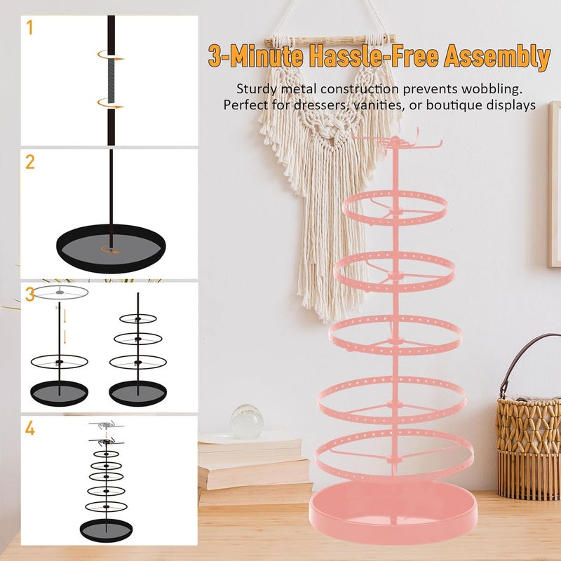 17Dec 6 Tier Rotating Jewelry Organizer Stand, 230 Holes Earring Holder Organizer for Women Girls, Spinning Earring Tree with Ring Holder, Wide Base for Bracelets Watches Lipstick - Image 5
