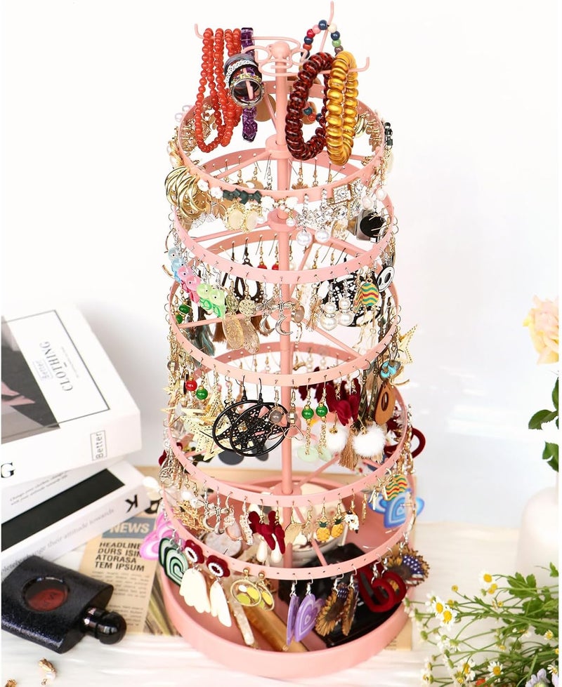 17Dec 6 Tier Rotating Jewelry Organizer Stand, 230 Holes Earring Holder Organizer for Women Girls, Spinning Earring Tree with Ring Holder, Wide Base for Bracelets Watches Lipstick - Image 1