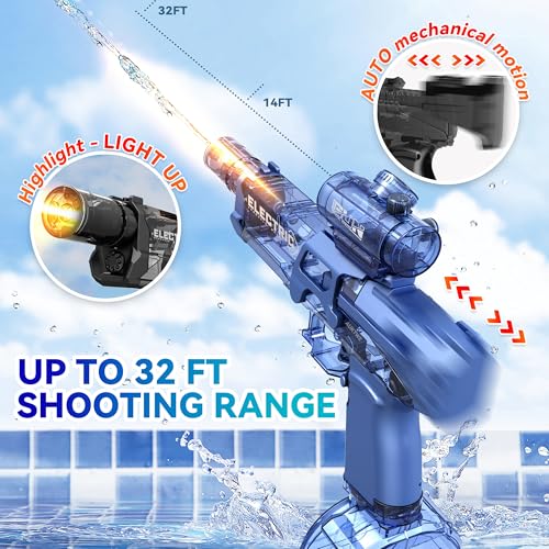 AUKTWE Electric Water Gun with Light Up2832 FT Powerful High Powered Automatic Squirt Gun Fully Auto Water BlasterToy Game for AdultKidBlack - Image 5