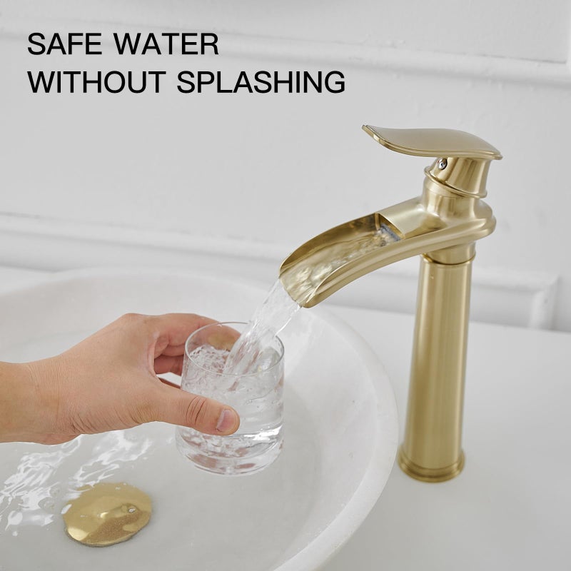 BWE Bathroom Vessel Sink Faucet Waterfall Spout Single Handle One Hole Solid Brass Deck Mount Brushed Gold Lavatory Mixer Tap Lavatory Vanity Sink Faucet with Pop Up Drain - Image 2